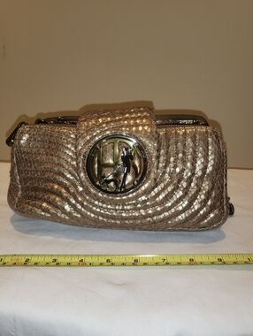 henri bendel No. 7 Quilted  Metallic Taupe Textured Clutch with Logo Medallion